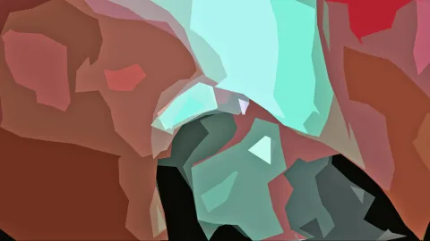 Abstrakte Komposition aus scharfkantigen, facettierten Flächen in Koralle, Rot, Mint und Anthrazit, mit schwarzen Zwischenräumen am unteren Rand.