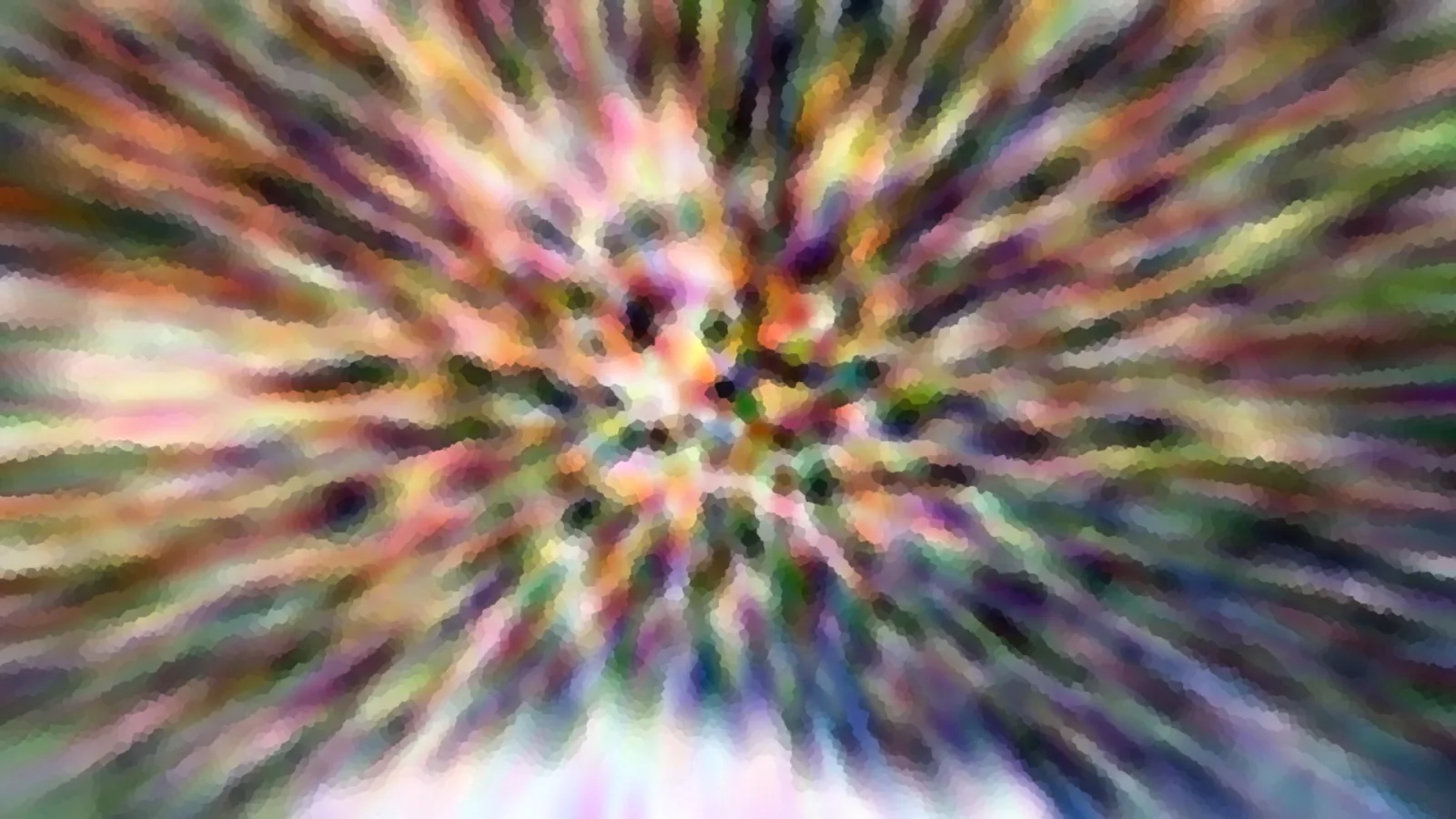 Abstrakte Komposition aus bunten, radial von einem hellen Zentrum nach außen verlaufenden Farbstreifen in Pink, Grün, Violett und Weiß, leicht körnig und unscharf.