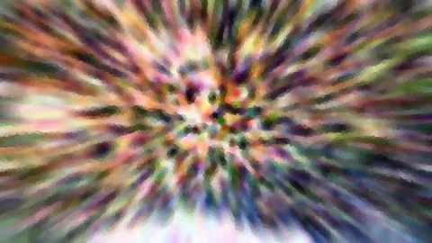 Abstrakte Komposition aus bunten, radial von einem hellen Zentrum nach außen verlaufenden Farbstreifen in Pink, Grün, Violett und Weiß, leicht körnig und unscharf.