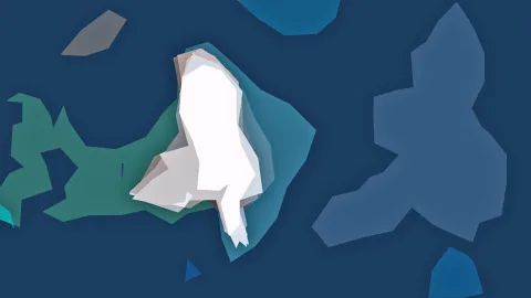 Eine weiße, kantige Figur steht in der Bildmitte vor dunkelblauem Hintergrund, umgeben von grauen, türkisen und blauen Flächen.