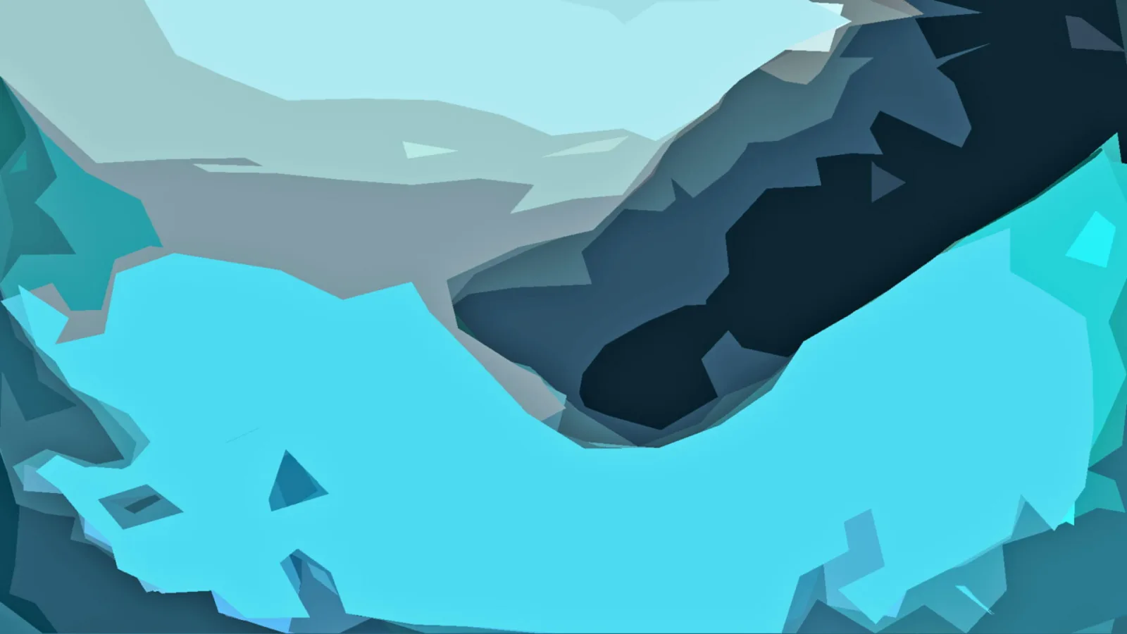Abstrakte Low-Poly-Komposition in Türkis, Blaugrau und Dunkelblau, mit einer hellen, geschwungenen Fläche im unteren Bildbereich.