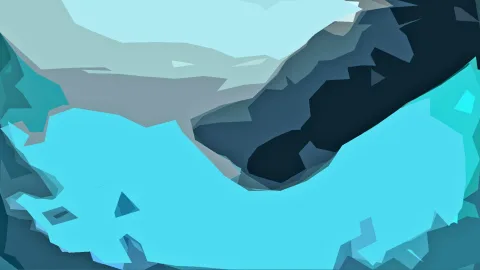 Abstrakte Low-Poly-Komposition in Türkis, Blaugrau und Dunkelblau, mit einer hellen, geschwungenen Fläche im unteren Bildbereich.
