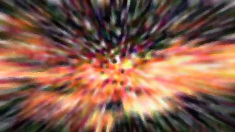 Abstrakte Farbexplosion mit radial verlaufenden Streifen in Orange, Gelb, Grün und Violett, im Zentrum am hellsten.