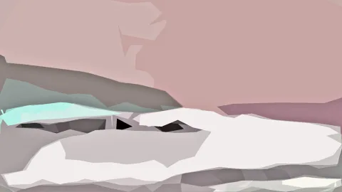 Abstrakte Landschaft aus flachen, kantigen Flächen: oben ein großer rosafarbener Himmel, darunter graue Berghänge, ein türkisfarbener Streifen links und weiße Schneeflächen im Vordergrund.