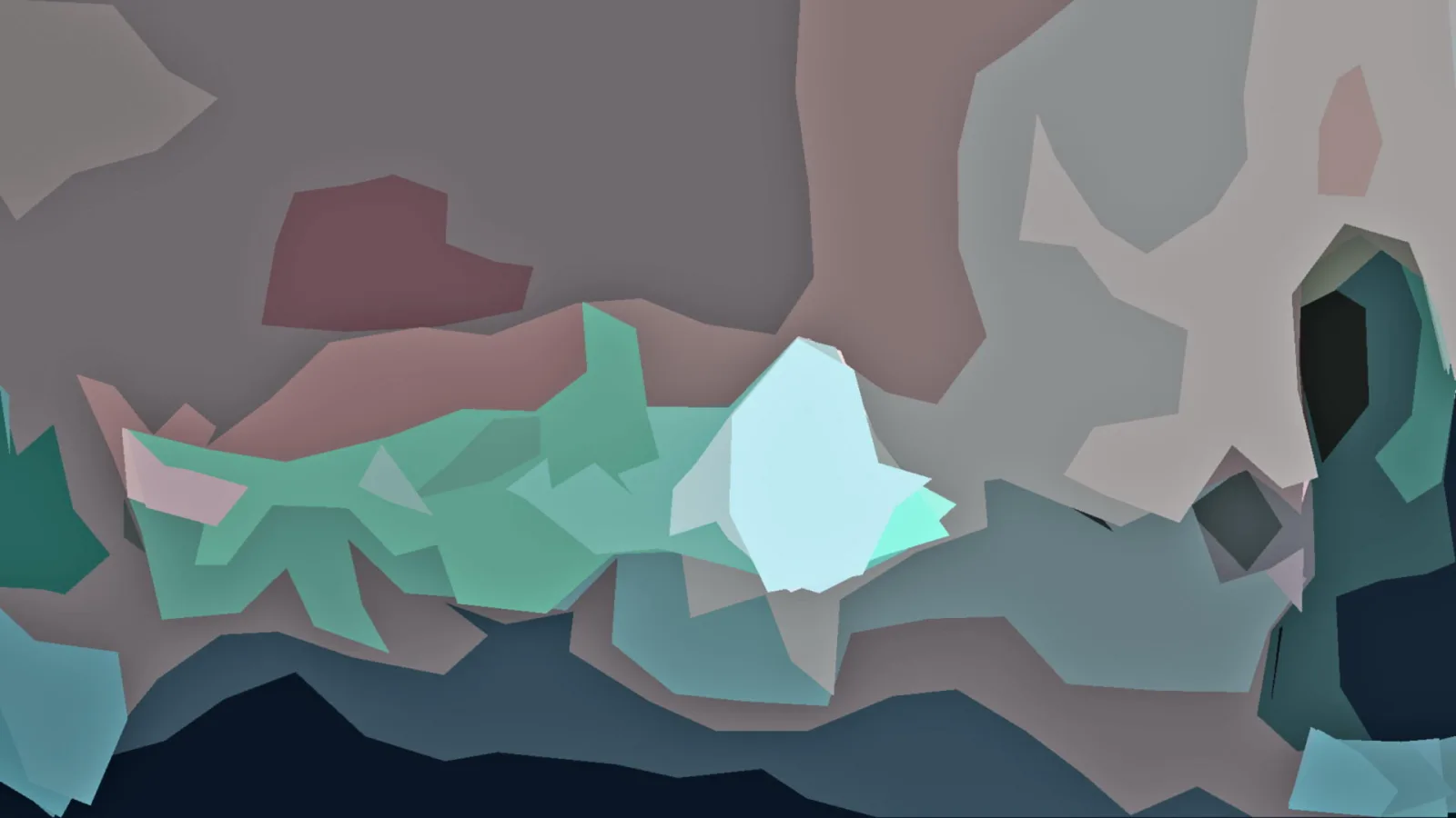 Abstraktes Bild aus flachen, kantigen Farbflächen in Grau, Mauve, Mint, Petrol und Dunkelblau, im unteren Bereich dunkel.