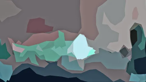 Abstraktes Bild aus flachen, kantigen Farbflächen in Grau, Mauve, Mint, Petrol und Dunkelblau, im unteren Bereich dunkel.