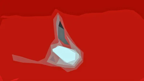 Abstrakte Komposition aus roten Flächen mit einer hellblauen und einer dunkelgrauen Dreiecksform in der Bildmitte.