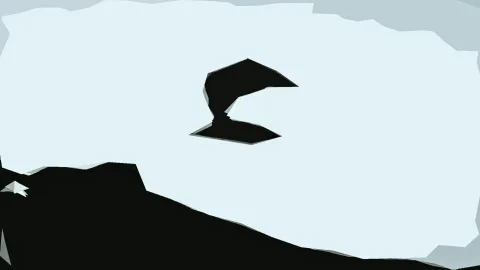 Schwarze, kantige Formen auf hellblauem Grund: eine gebogene Figur in der Mitte und eine dunkle Masse am unteren linken Rand.