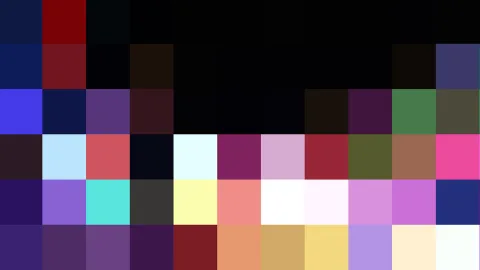 Raster aus farbigen Quadraten: oben und in der Mitte überwiegend Schwarz und Dunkelblau, unten kräftige Töne wie Pink, Gelb, Weiß und Violett.