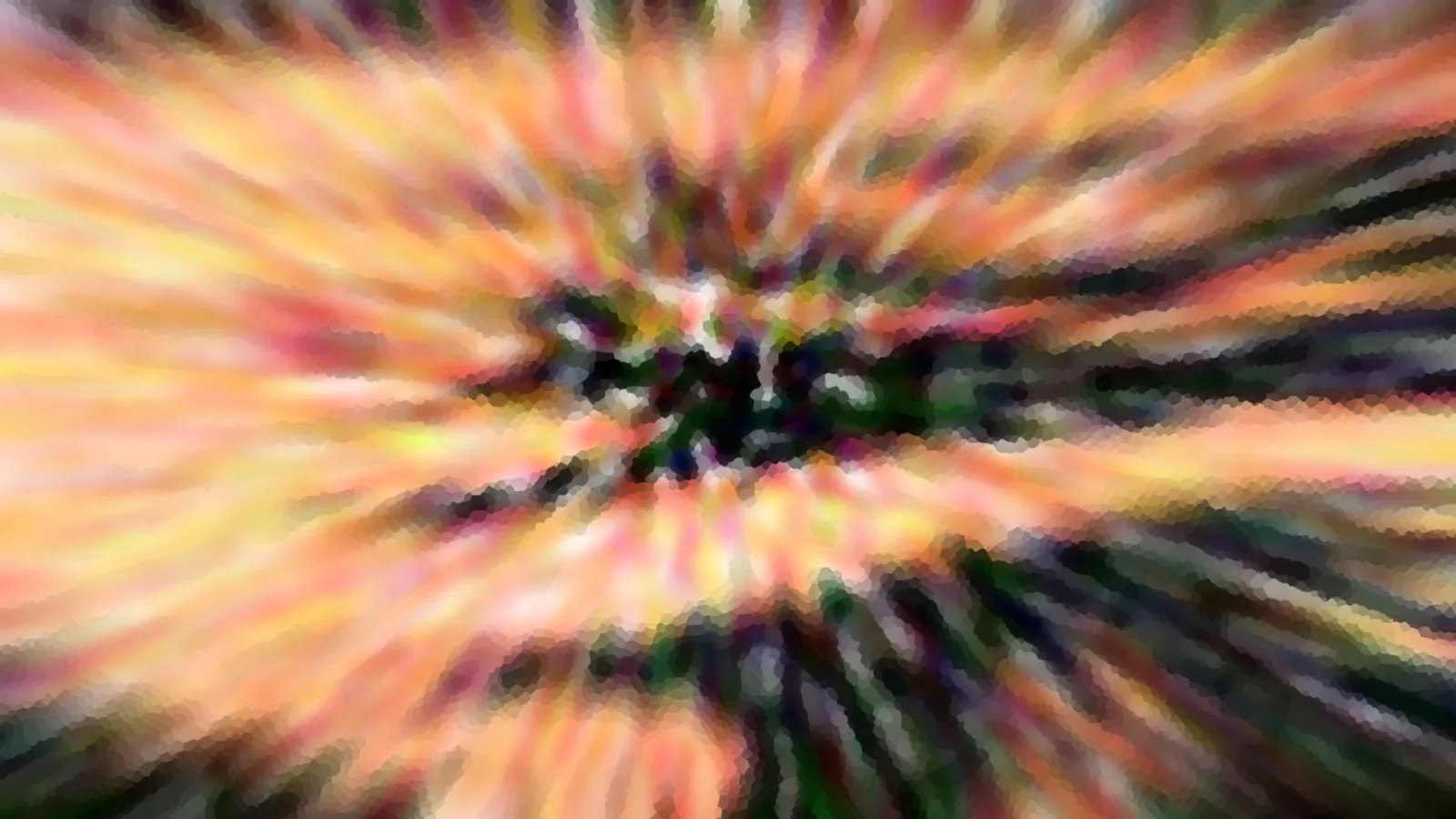 Abstrakte Komposition aus warmen Orange-, Gelb- und Pinktönen, die von einem dunklen, grünlich-schwarzen Zentrum radial nach außen strahlen, mit mosaikartiger Pixelstruktur.