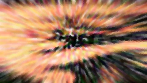 Abstrakte Komposition aus warmen Orange-, Gelb- und Pinktönen, die von einem dunklen, grünlich-schwarzen Zentrum radial nach außen strahlen, mit mosaikartiger Pixelstruktur.