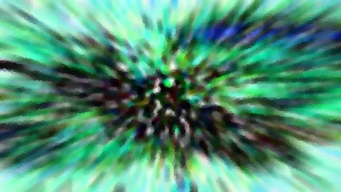 Abstraktes Bild mit grünen, türkisen und blauen Farbstrahlen, die von einer dunklen Mitte radial nach außen laufen.