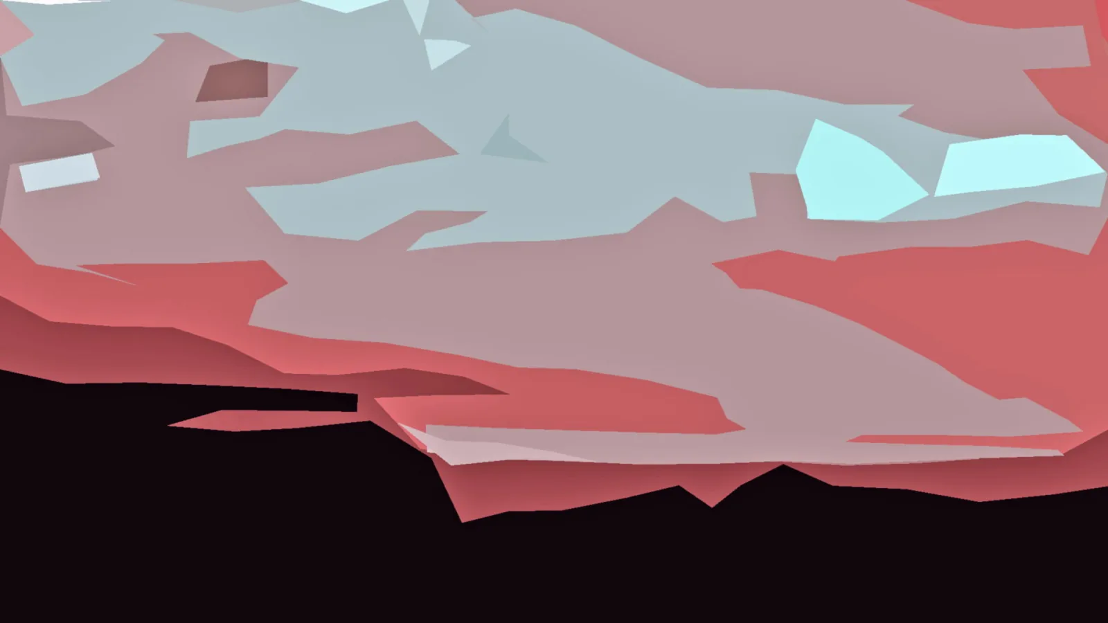 Abstrakte Landschaft aus kantigen Flächen in Rosa, Rot und Blaugrau, unten geht sie in schwarze Fläche über.