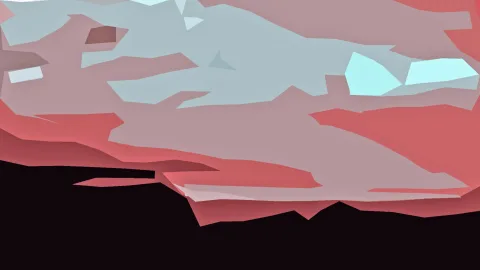 Abstrakte Landschaft aus kantigen Flächen in Rosa, Rot und Blaugrau, unten geht sie in schwarze Fläche über.
