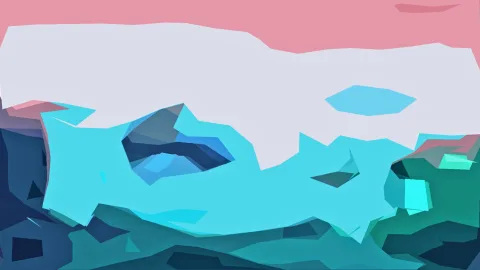 Abstrakte Komposition aus facettierten Flächen in Rosa, Hellgrau, Cyan und Petrol, mit dunkelblauen Schatten am linken und unteren Rand.