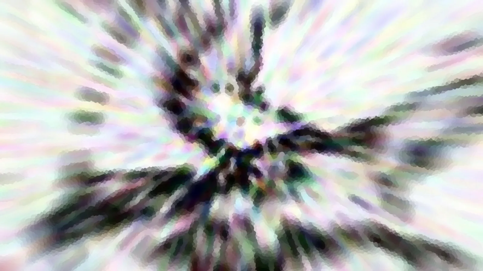 Abstrakte Komposition aus radial verlaufenden, pastellfarbenen Streifen mit dunklen Flecken nahe der Mitte.