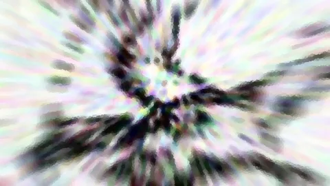 Abstrakte Komposition aus radial verlaufenden, pastellfarbenen Streifen mit dunklen Flecken nahe der Mitte.