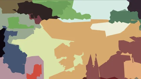 Abstrakte Komposition aus unregelmäßigen Farbflächen in Orange, Hellgrün, Dunkelblau, Rot und Braun, rechts unten zwei spitze Kirchtürme.