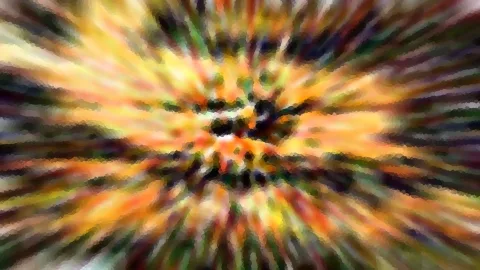 Abstrakte Komposition aus radial verlaufenden orangefarbenen, gelben und grünen Streifen um ein dunkles Zentrum.