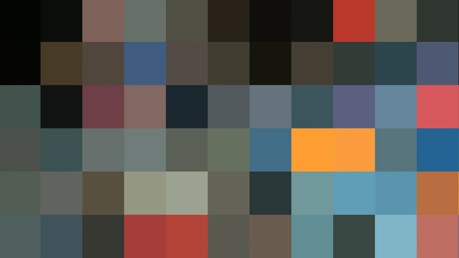 Raster aus farbigen Quadraten in Grau, Blau, Rot und Orange, überwiegend gedeckte Töne mit wenigen leuchtenden Feldern.