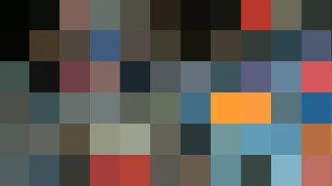 Raster aus farbigen Quadraten in Grau, Blau, Rot und Orange, überwiegend gedeckte Töne mit wenigen leuchtenden Feldern.