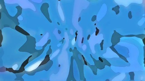 Abstraktes Bild aus blauen, hellblauen und dunkelgrünen Flächen mit dunklen Konturen, die an Mosaik oder Glasmalerei erinnern.