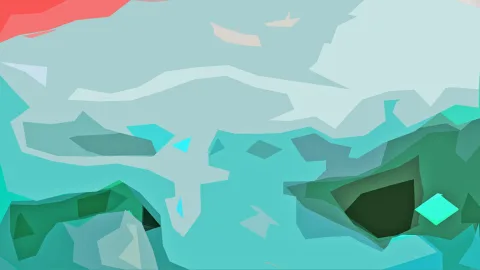 Abstrakte Komposition aus flachen, kantigen Formen in Türkis, Mintgrün und Grün, oben links ein korallroter Keil.