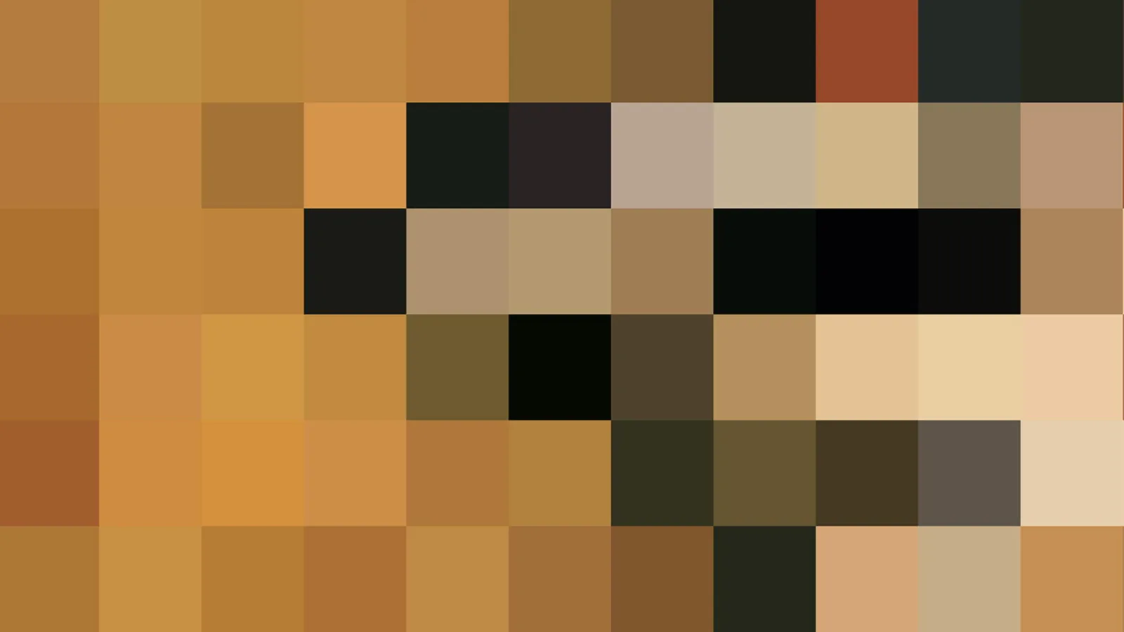 Abstraktes Mosaik aus quadratischen Feldern in Ocker, Braun, Beige und Schwarz, in zehn Spalten und sechs Reihen angeordnet.