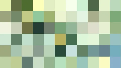Abstraktes Mosaik aus grünen, hellgelben und blaugrauen Pixelquadraten in einem Raster.