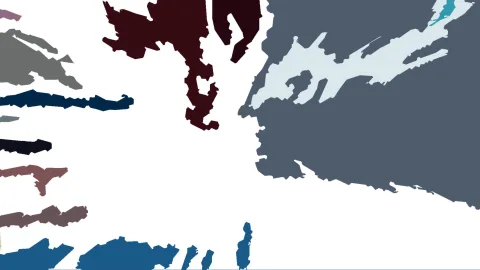 Abstrakte Komposition aus unregelmäßigen farbigen Formen auf weißem Grund: links und oben dunkelrote, blaue und graue Flecken, rechts eine große graublaue Fläche mit hellblauen Einschlüssen.