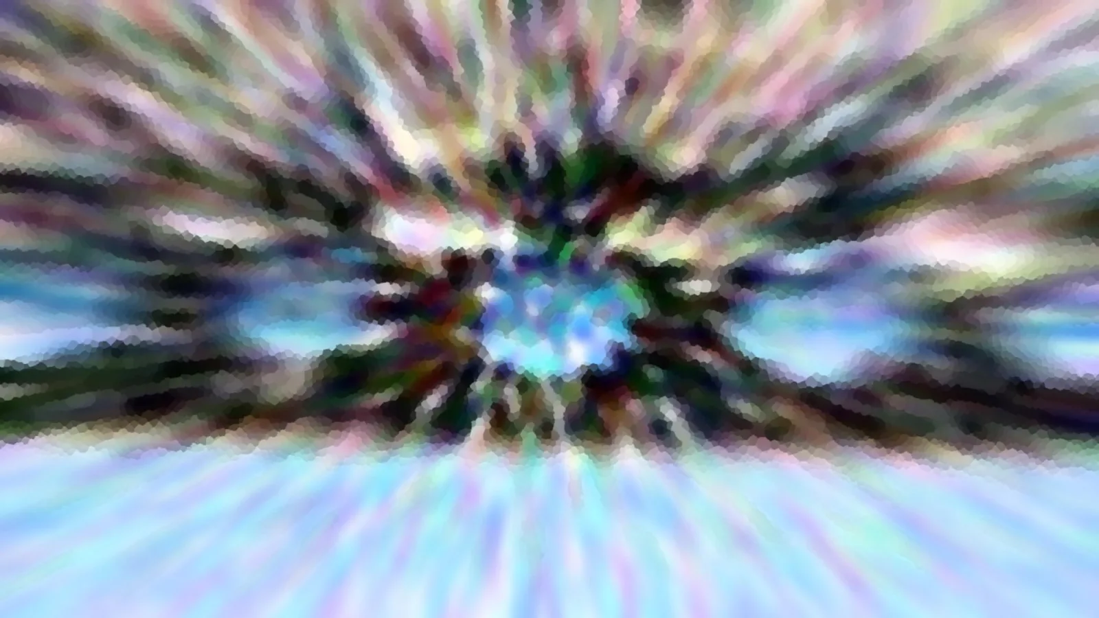 Abstraktes Bild mit radialen Farbstrahlen in Violett, Grün und Hellblau, die von einer leuchtenden blauen Mitte nach außen laufen, mosaikartig gepixelt.