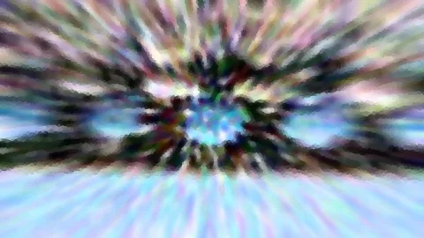 Abstraktes Bild mit radialen Farbstrahlen in Violett, Grün und Hellblau, die von einer leuchtenden blauen Mitte nach außen laufen, mosaikartig gepixelt.
