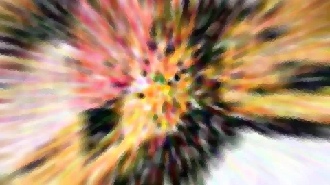 Abstrakte Komposition aus bunten Farbstrahlen in Pink, Gelb, Grün und Dunkelblau, die von einem hellen Zentrum radial nach außen laufen und stellenweise pixelig verwischt wirken.