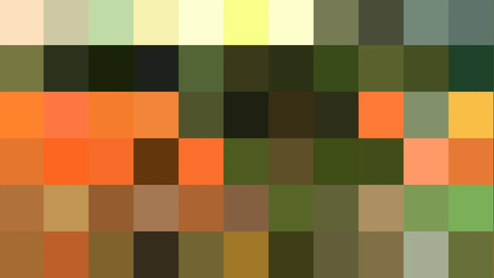 Abstraktes Mosaik aus Quadraten in Creme, Gelb, Orange, Grün und Braun.
