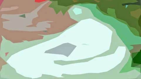 Abstrakte Komposition aus flachen, farbigen Polygonen: eine große blassmintfarbene Form in der Mitte, umgeben von Grün oben rechts, Brauntönen links und einem grauen Fleck in der Mitte.