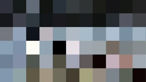 Pixelmosaik aus blaugrauen, schwarzen, weißen und beigen Blöcken in einem gleichmäßigen Raster aus Spalten und Reihen.