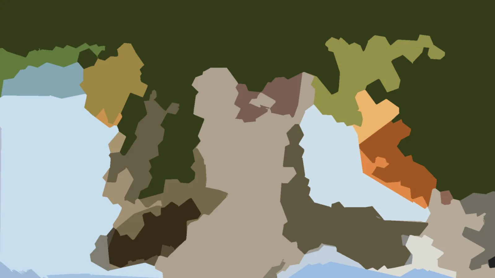 Abstrakte Komposition aus flachen, unregelmäßigen Farbflächen in Dunkelgrün, Ocker, Hellblau und Orange.
