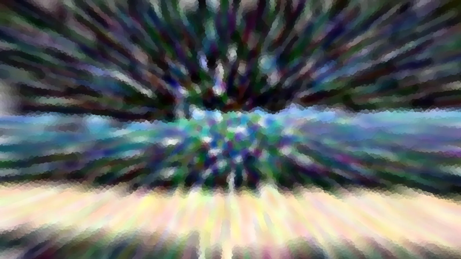 Abstrakte Komposition aus strahlenförmigen, bunten Farbflächen in Blau, Grün und Gelb, zur Mitte hin verdichtet.