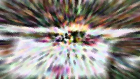 Abstrakte Komposition aus bunten, radial vom Zentrum ausstrahlenden Streifen mit mosaikartiger Pixelstruktur.