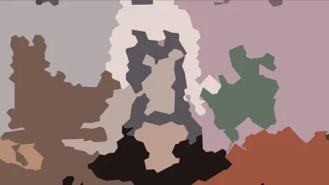 Abstraktes Bild aus unregelmäßigen Farbflächen in Grau, Braun, Rosa, Grün und Rostrot.