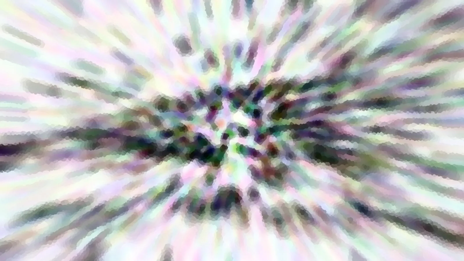 Abstrakte Komposition mit radial nach außen laufenden Streifen in Pastellfarben, im Zentrum dunkle Pixelflecken.