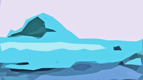 Abstrakte Landschaft aus kantigen blauen Flächen: links ein zerklüfteter Berg, darunter helle und dunkle Eisschichten, oben ein blassvioletter Himmel.