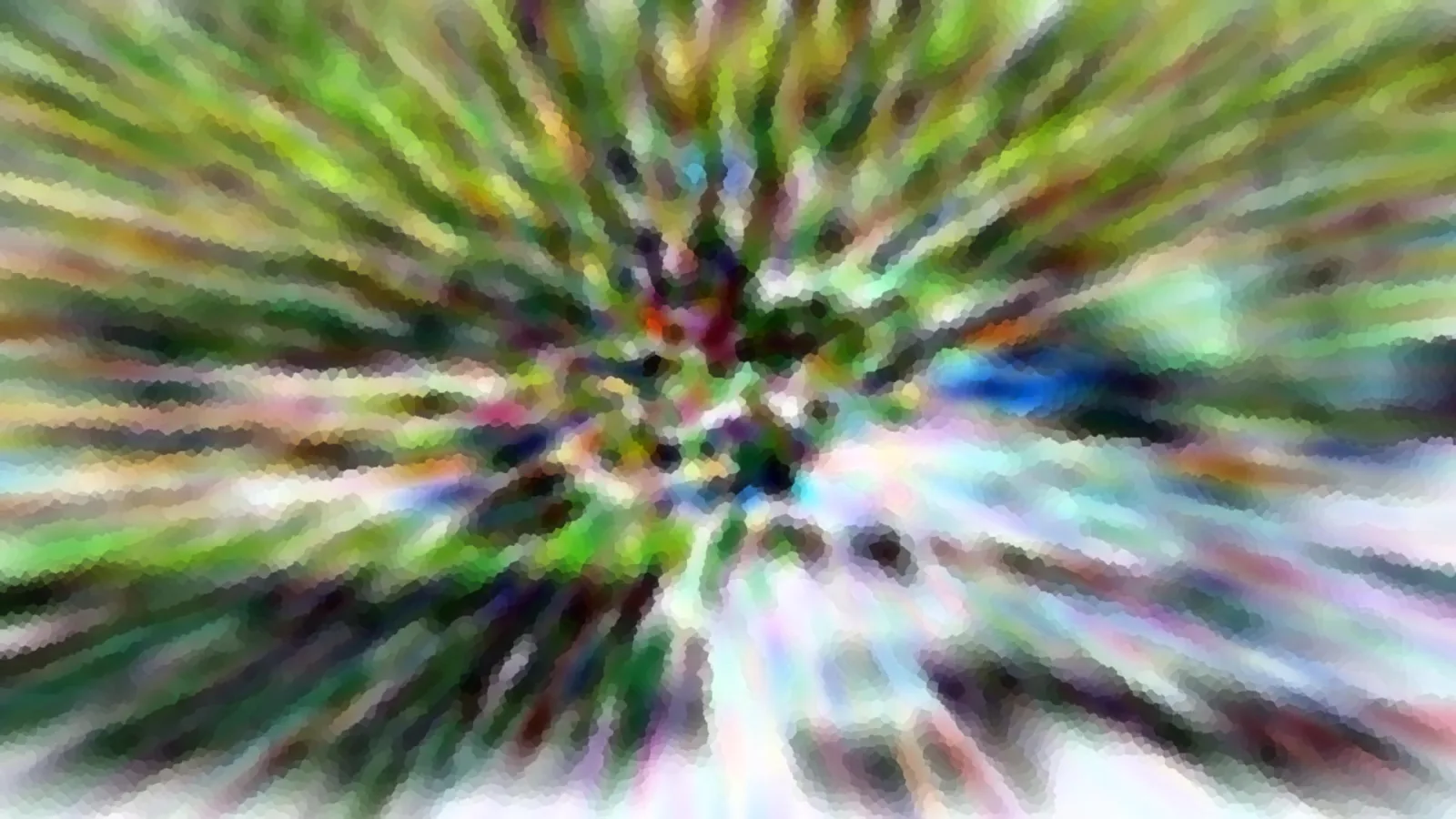 Abstrakte Komposition aus grünen, gelben und bunten Farbstreifen, die von einem dunklen Zentrum radial nach außen laufen.