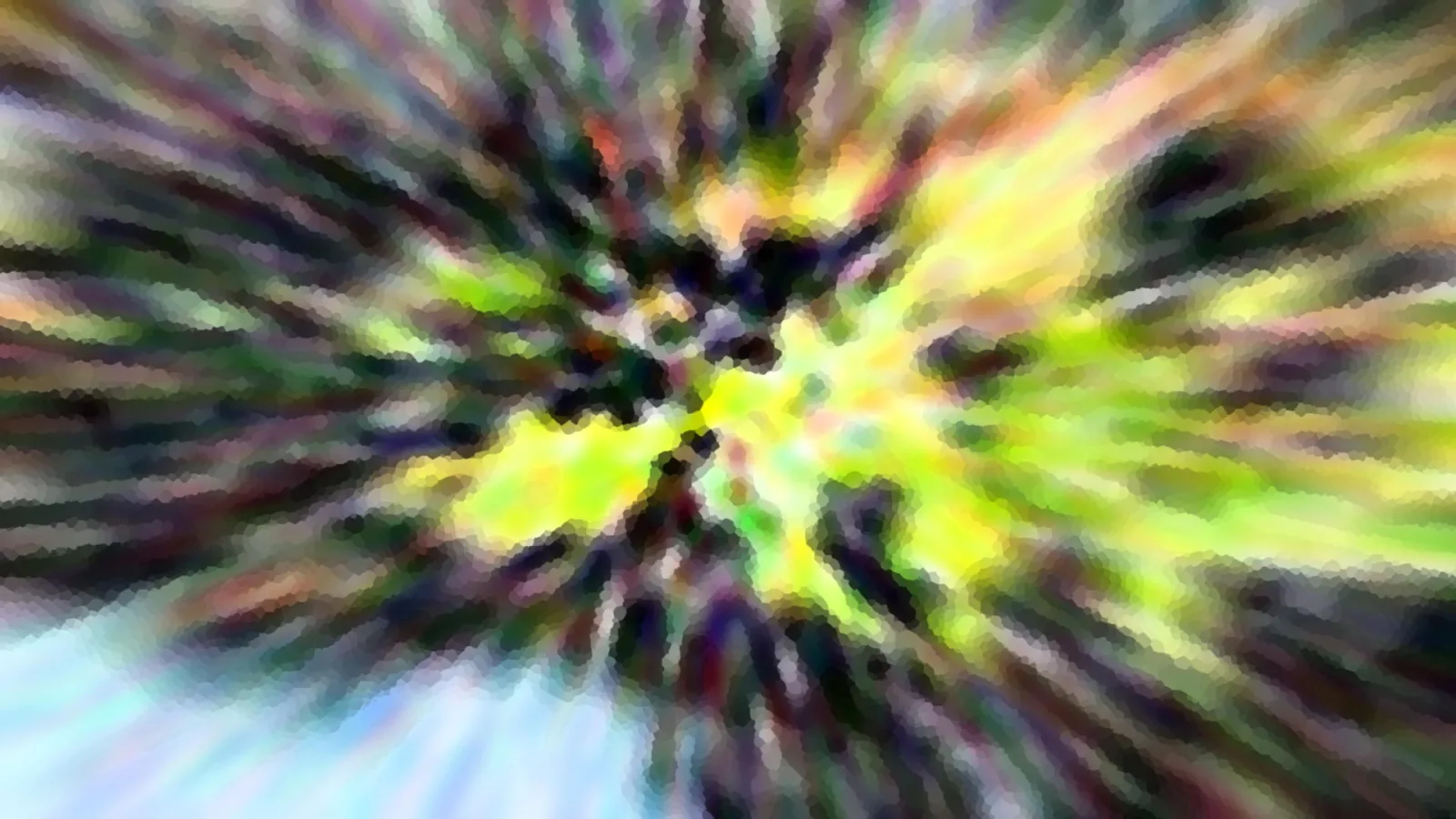 Abstrakte radiale Bewegungsunschärfe mit grünen, gelben und dunklen Farbstreifen, die von einem hellen Zentrum nach außen laufen.