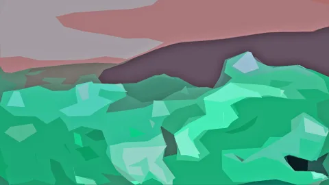 Abstrakte Low-Poly-Landschaft mit grünen Dreiecksflächen im Vordergrund, einem flachen rosa-grauen Himmel und einer dunkel violetten Bergkante