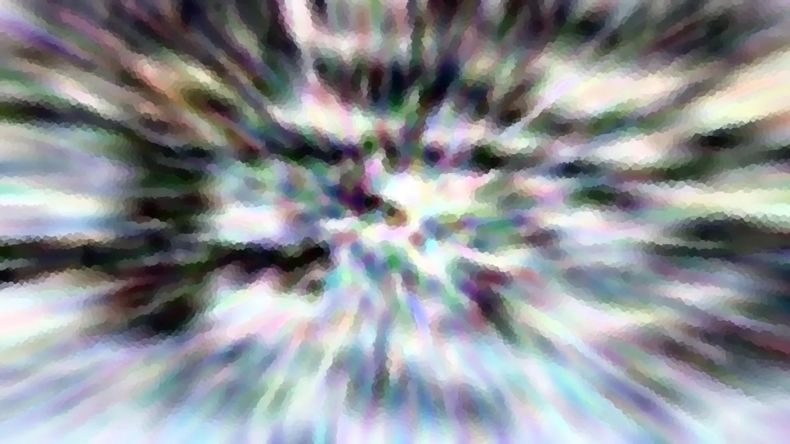 Abstraktes Bild mit radialer Unschärfe, die vom Zentrum nach außen strahlt, in Weiß, Grün, Violett und Blau.