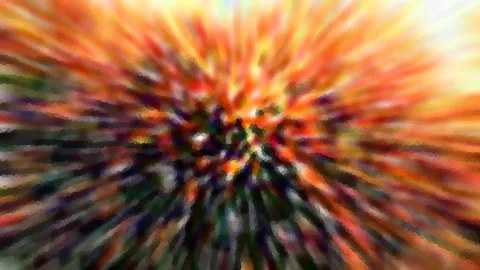 Abstrakte Komposition aus radial von der Mitte nach außen laufenden, verwischten Streifen in Orange, Gelb, Rot und Grün mit dunklem Zentrum.