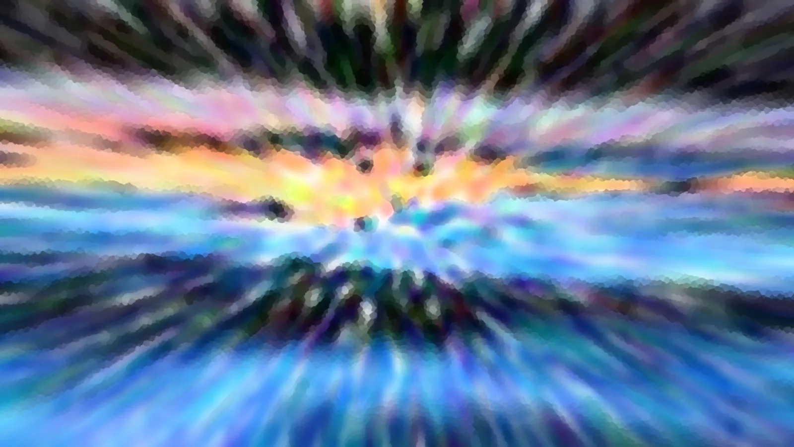 Abstraktes Bild mit radialem Zoomeffekt: Orange und Gelb leuchten in der Mitte, Blau und Türkis ziehen von dort nach außen, dunkle Grüntöne rahmen das Bild oben und unten, alles wirkt mosaikartig verpixelt.