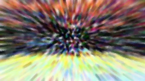 Abstrakte Komposition aus bunten, radial verlaufenden Schlieren mit dunklem Zentrum und gelb-grünen Strahlen im unteren Bereich.