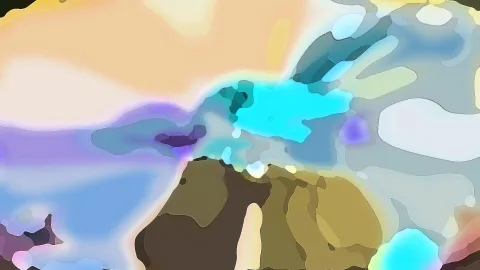 Abstrakte Komposition aus weichen Farbflächen in Pfirsich, Blau und Türkis, unten eine braune, felsartige Form mit einem cremefarbenen Streifen.